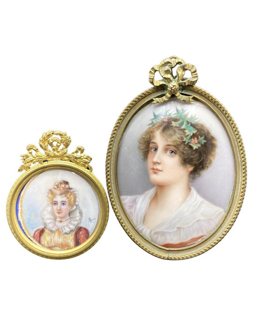 French Hand Painted Porcelain Miniature Ladies Portrait Plaque on Gilt Brass (1 of 1)