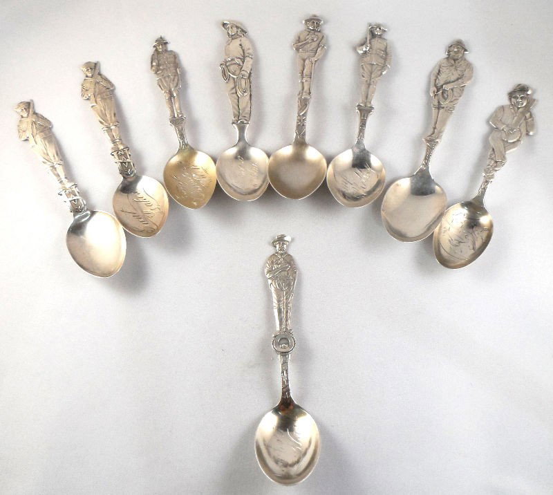 Sterling Silver Figural Souvenir Spoons (9): Sterling silver set of 9 various figural souvenir spoons. The spoons include: one marked Wagner with a man playing the banjo, one engraved Camp Shelby with a soldier, one marked Camp Vancouver "Wash" 