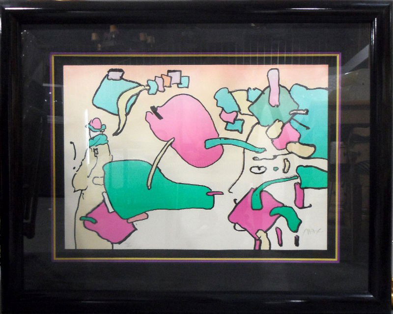 Peter Max Abstract Lithograph Signed: Peter Max abstract lithograph. The artist's signature appears on the lower right and the edition number 102/200 appears in the lower left. Measures 21"H X 19 1/2"W inside the frame. For Domestic and i