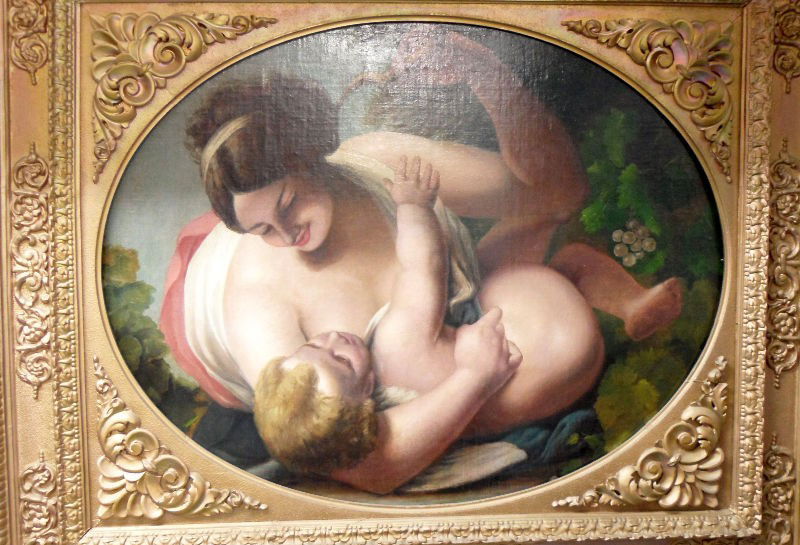 Attributed to Thomas Sully, Woman & Child Painting: Magnificent painting of a woman and child, attributed to Thomas Sully. The painting is in the Romantic style and portrays a young woman with a child, both in classical dress. Measures 37" X 28 1/2" ov