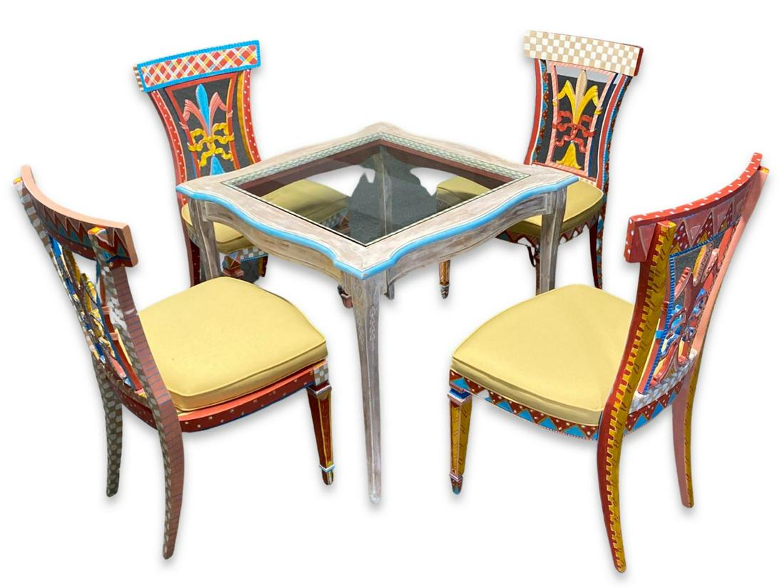 Five Pcs Mackenzie Childs Style Hand Painted Wood Chairs & Glass Top Table: Five Pcs Mackenzie Childs Style Hand Painted Wood Chairs & Glass Top Table. Chairs measure 37" x 20" x 17" and table measures 28" x 28" x 28"