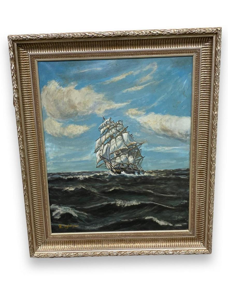 Signed Oil Painting on Canvas of a Sailing Ship (1 of 2)