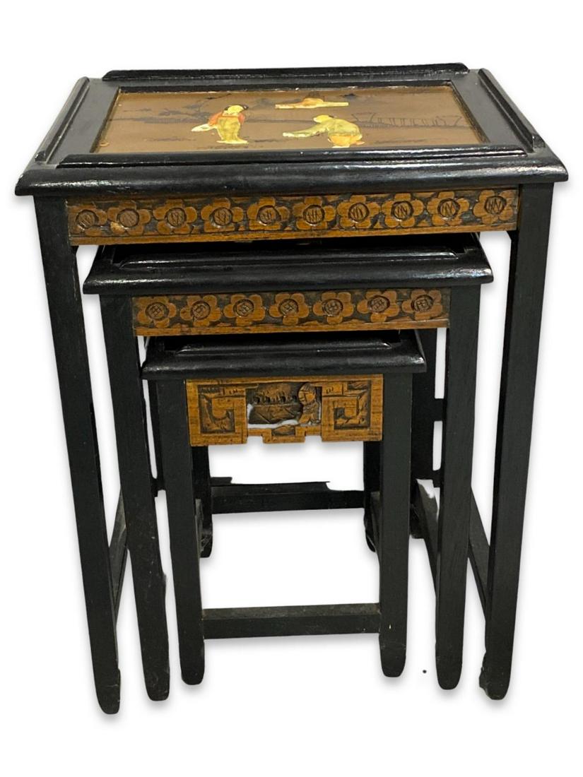 Chinese Lacquered & Hardstone Nesting Table: Chinese Lacquered & Hardstone Nesting Table. Largest measures 22" x 12" x 16"