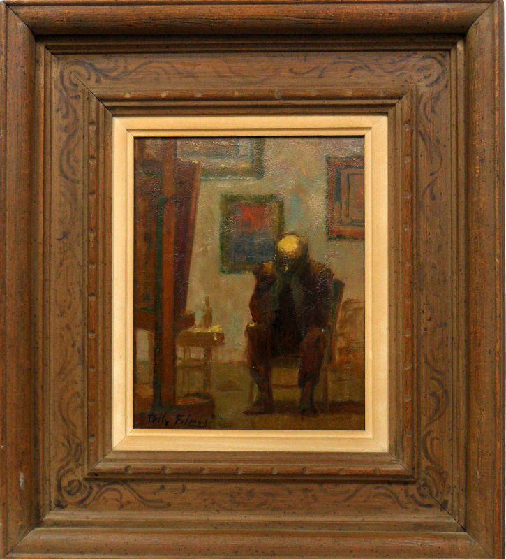 Tully Filmus Oil Painting, Signed: Tully Filmus signed oil painting on canvas. The painting depicts a seated man with his head in his hands surrounded by paintings. The colors are dark and convey a sense of deep contemplation. Signed o