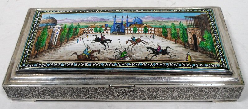 Russian Silver & Enamel Painted Case: Russian silver and enamel painted case. The lid of the case is painted with a beautiful scene in the Middle East; men are playing polo in a courtyard. The exterior of the silver is beautifully pattern