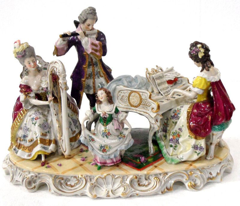 Capodimonte Porcelain Figure Group: Capodimonte porcelain figure group of a salon. Three women and two men gather in a salon to listen to a book being read. All figures are dressed in 18th century costume. The piece is beautifully detai