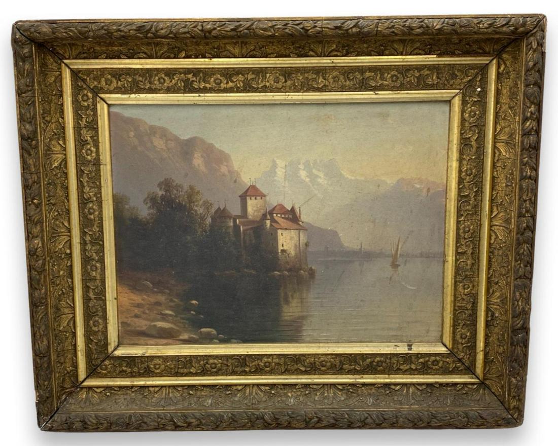 Hubert Sattler (Austrian, 1817-1904) Oil Painting on Cardboard Castle & Lake Scene (1 of 2)