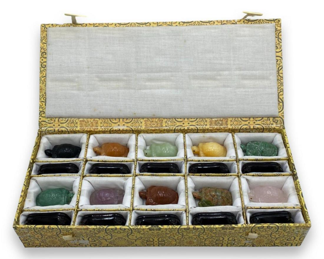 Lot of Ten Chinese Hand Carved Hardstone Turtle Figure with Wood Stand includes Original Box (1 of 2)