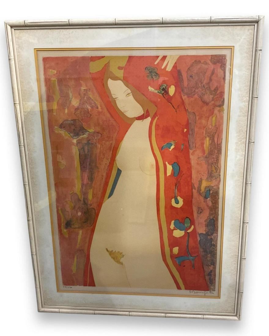 Signed Alain Bonnefoit (French b. 1937) Lithograph in Color Nude with Red Robe: Signed Alain Bonnefoit (French b. 1937) Lithograph in Color Nude with Red Robe. Signed and numbered 78/250, measures H: 33" x W: 22 1/2", 3" frame & matte. Has stain, sold as is