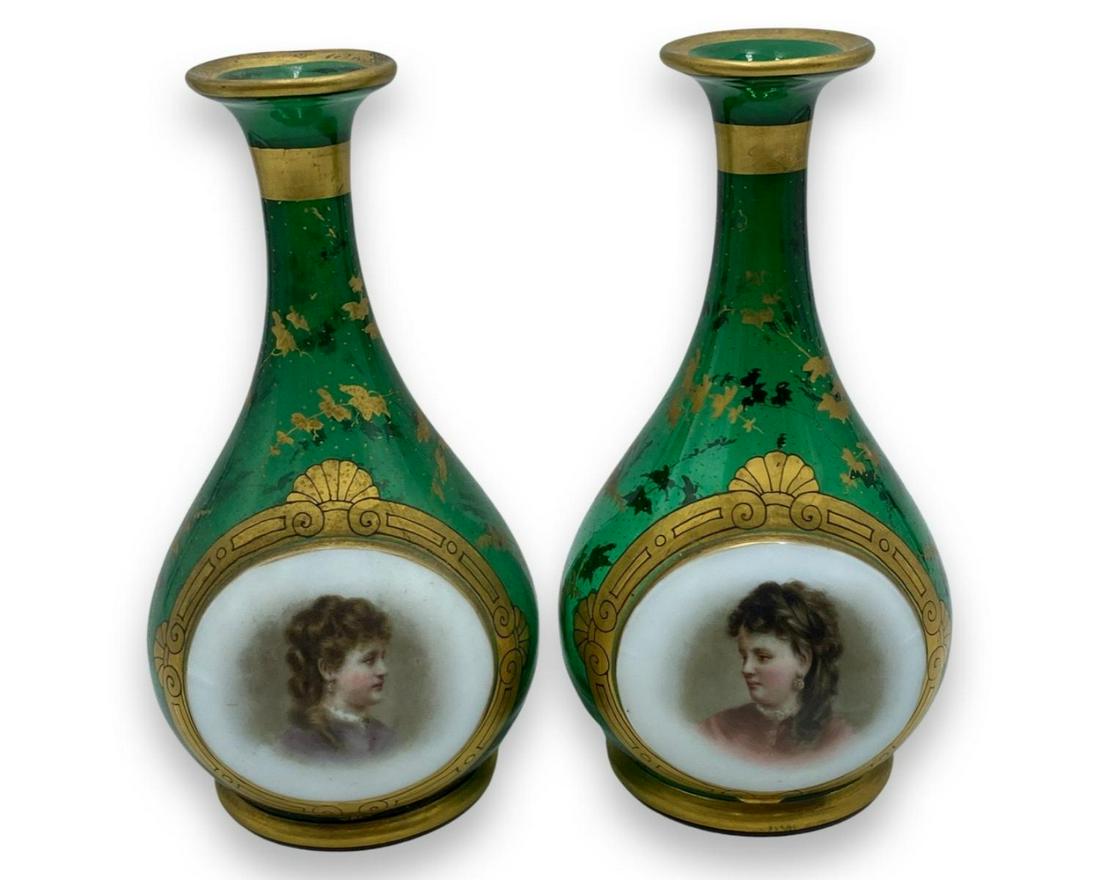 Pair of Bohemian Glass Portrait Vases: Pair of Bohemian Glass Portrait Vases measures H: 7"