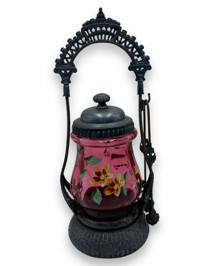 Antique Victorian Enameled Cranberry Glass & Silver Plate Pickle Castors (1 of 1)