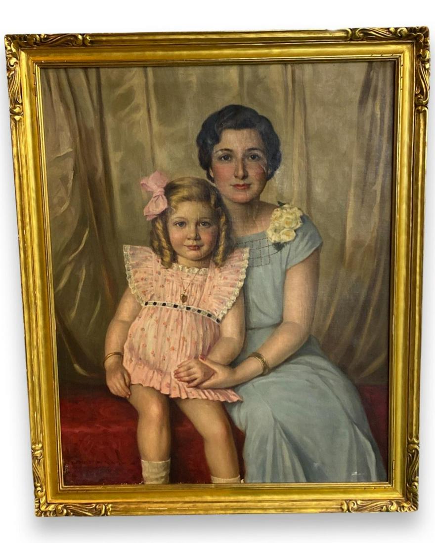 Signed Ernst De Nagy (Hungary, 1881-1952) Oil Painting on Canvas Portrait of Mother & Daughter (1 of 2)