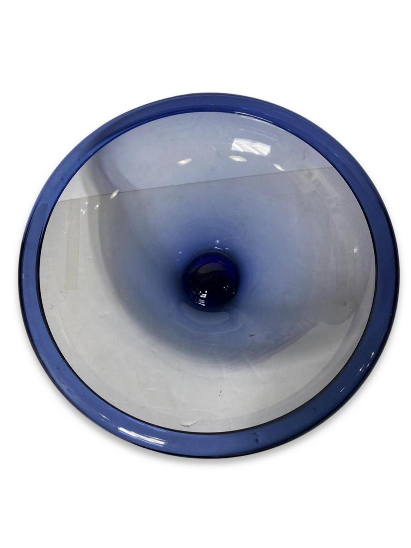 Signed Holmegaard Mid-Century Modern Blue Glass Centerpiece Bowl: Signed Holmegaard Mid-Century Modern Blue Glass Centerpiece Bowl. Signed & numbered, measures H: 6" x DIA: 18"
