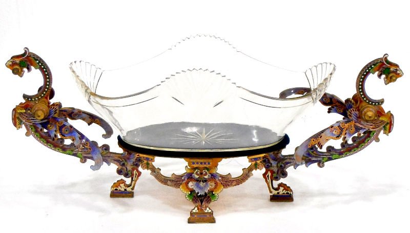 Antique Champleve Bronze & Glass Centerpiece: Magnificent,antique Champlevé bronze and crystal oval centerpiece. Bold design having foo dragons on each end with wings. This oval crystal centerpiece would look great on any table and makes an impr