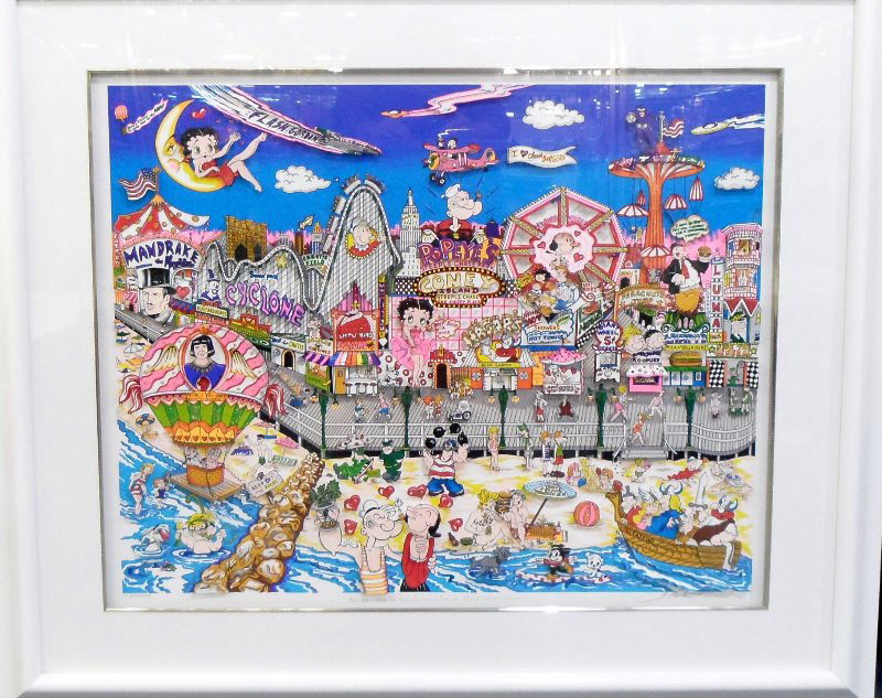 Fazzino 3-D Serigraph with Cartoons: Fazzino 3-D serigraph entitled "Betty's Booping, Popeye's Swooning on Coney Island Beach." Pencil signed and numbered 23. Measures 30" X 36" not including frame.