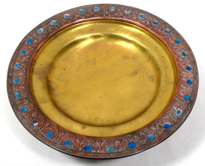 Tiffany Studios Favrile Footed Compote: Important Tiffany Studios Favrile two tone metal design and blue acented compote marked Louis C Tiffany furnaces Inc. Favrile #506 on bottom, Some slight wear due to age that does not detract from the