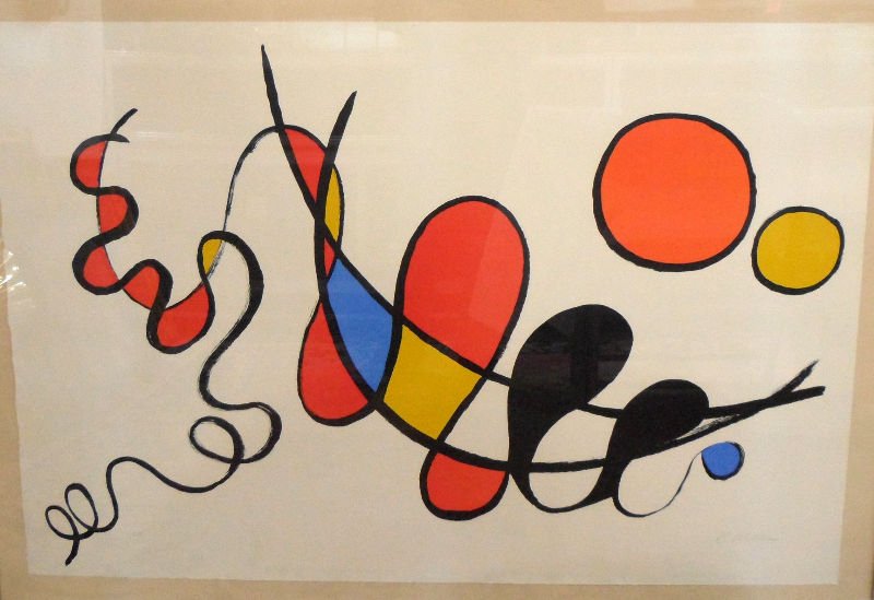 Alexander Calder Lithograph: Contemporary Alexander Calder lithograph. The work is in Calder's recognizable primary colors of red, blue and yellow. Signed in pencil lower right and EA on lower left. Measures 44" x 30" x 2 1/4" ma