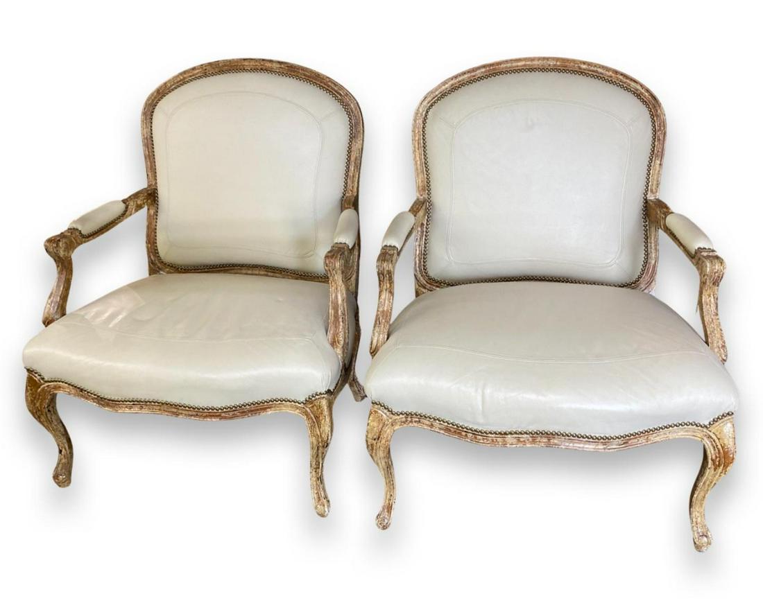Pair of Louis XV Style Hand Carved & Upholstered Arm Chairs: Pair of Louis XV Style Hand Carved & Upholstered Arm Chairs measures 41" x 24" x 31"