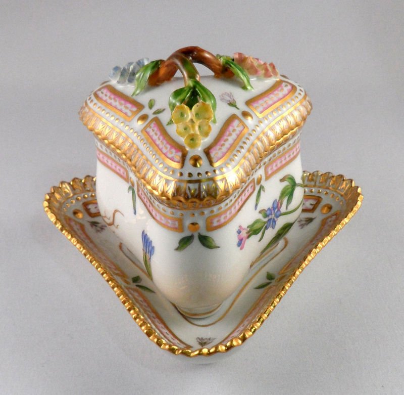 Royal Copenhagen 'Flora Danica' Custard Cup: Royal Copenhagen 'Flora Danica' custard cup, under tray and cover. The triangular shaped tray is stamped 3576 and measures 4 1/2" x 4 1/2" x 4 1/2". The custard cup measures 3" triangular x 2 3/4" in 