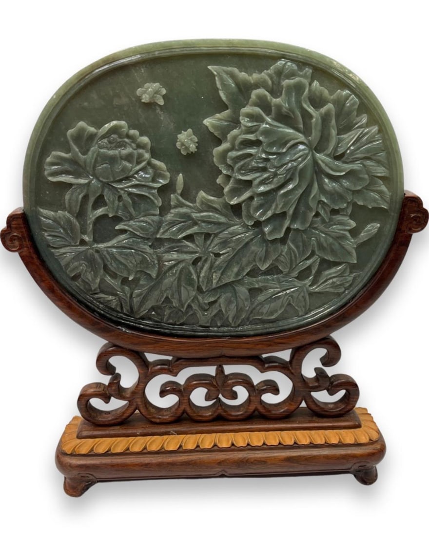 Chinese Carved Green Jade Oval Plaque with Wood Stand (1 of 2)