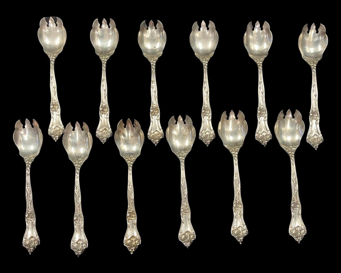 Lot of 12 Unique Reed & Barton Sterling Silver Intaglio Ice Cream Forks (1 of 4)