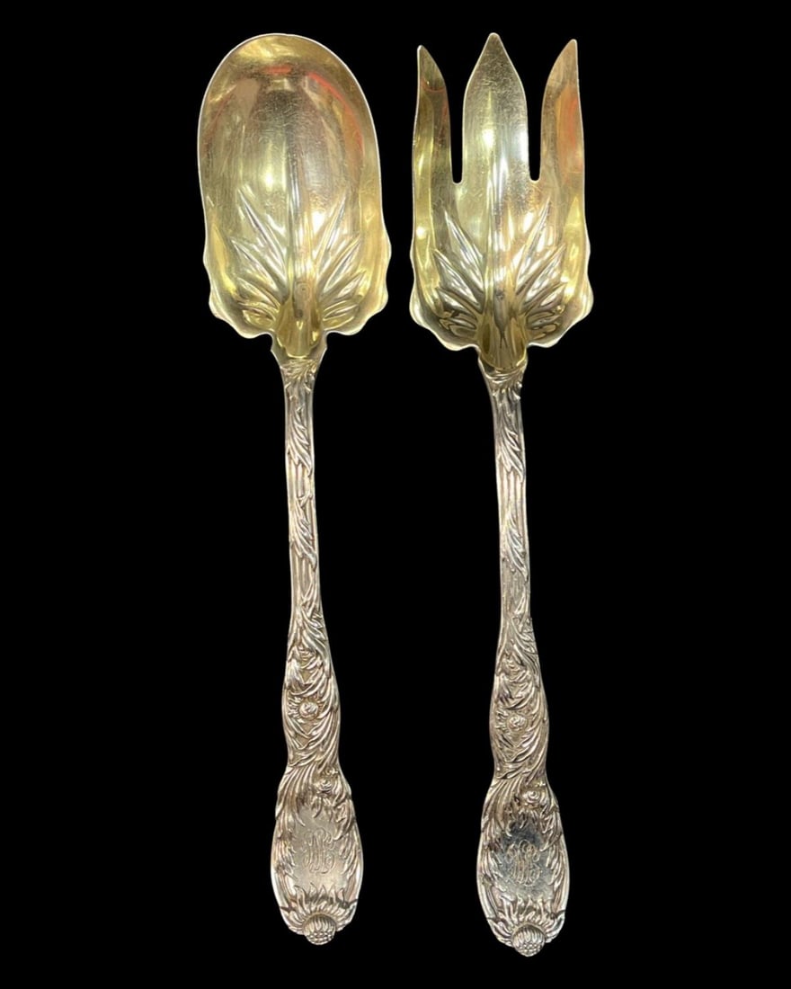 Tiffany & Co Sterling Silver Chrysanthemum Monogrammed Salad Serving Set of Two Pcs (1 of 5)