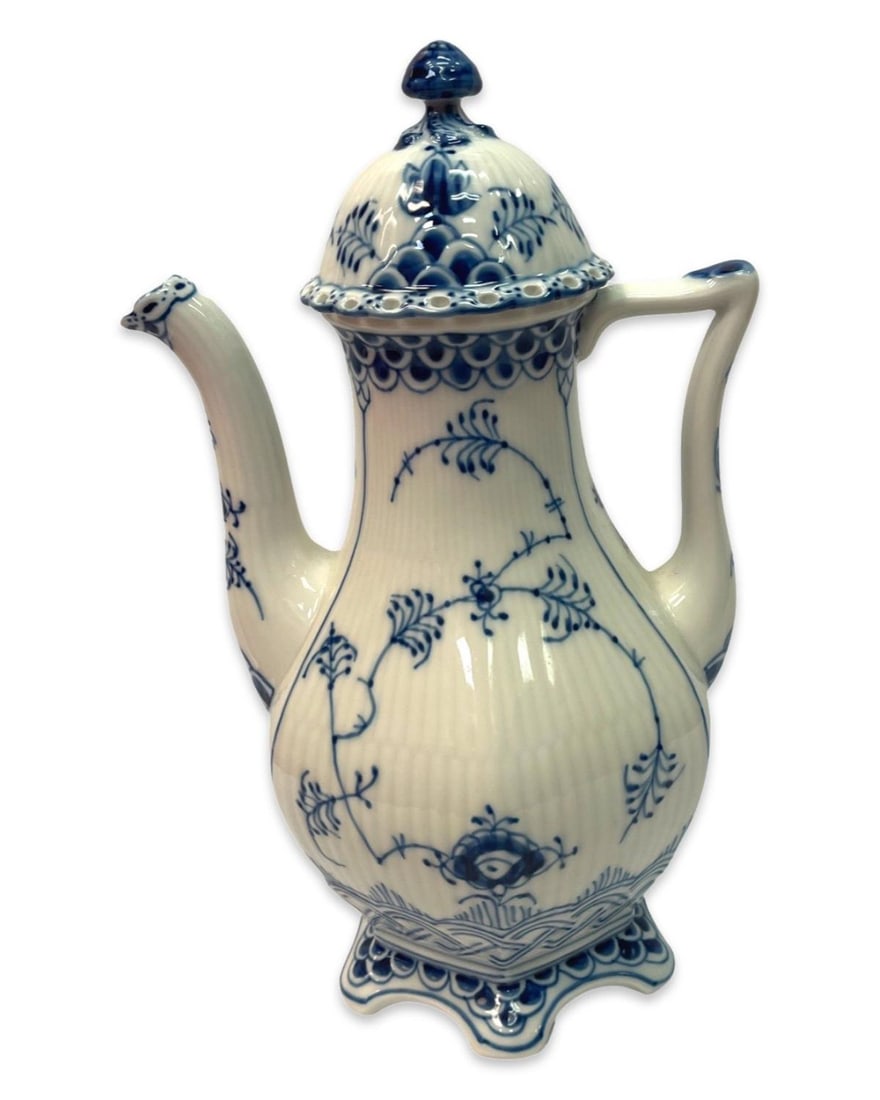 Royal Copenhagen Blue Fluted Full Lace Coffee Pot: Royal Copenhagen Blue Fluted Full Lace Coffee Pot measures H: 11 1/2" x W: 7 1/2"