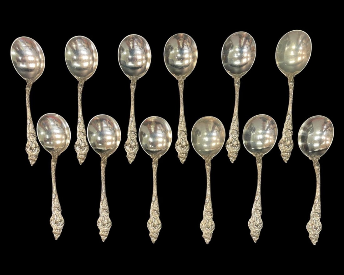 Lot of 12 Reed & Barton Sterling Silver Les Six Fleurs Bouillon Spoons (1 of 3)