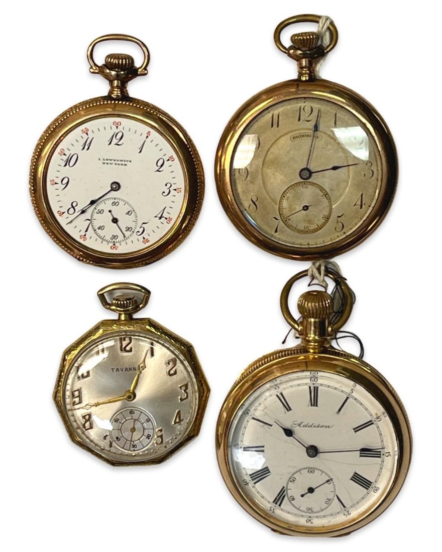 Lot of Four Vintage Gold Filled Pocket Watches: Lot of Four Vintage Gold Filled Pocket Watches. Largest measures H: 2 3/4". Sold as is