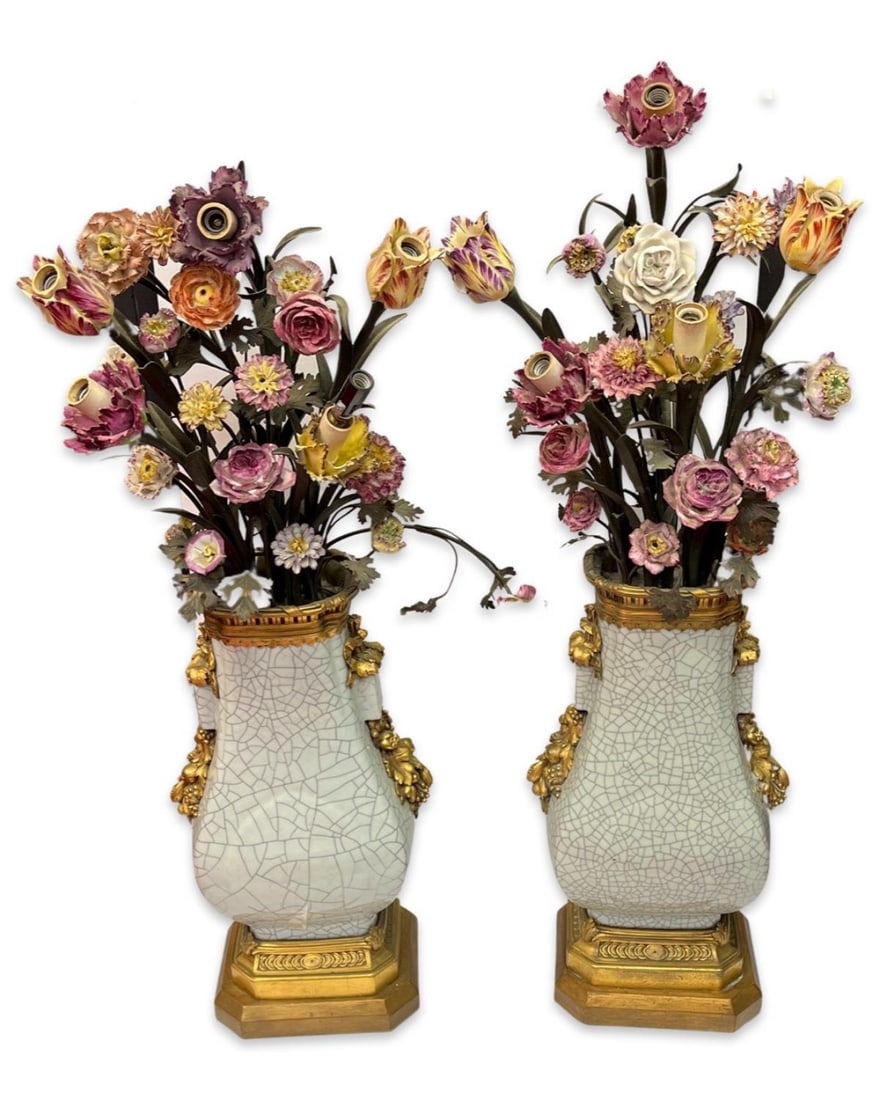 Pair of Antique Chinese Celadon Porcelain & Dore Bronze Mounted Handle Vase featuring Inset Floral (1 of 8)