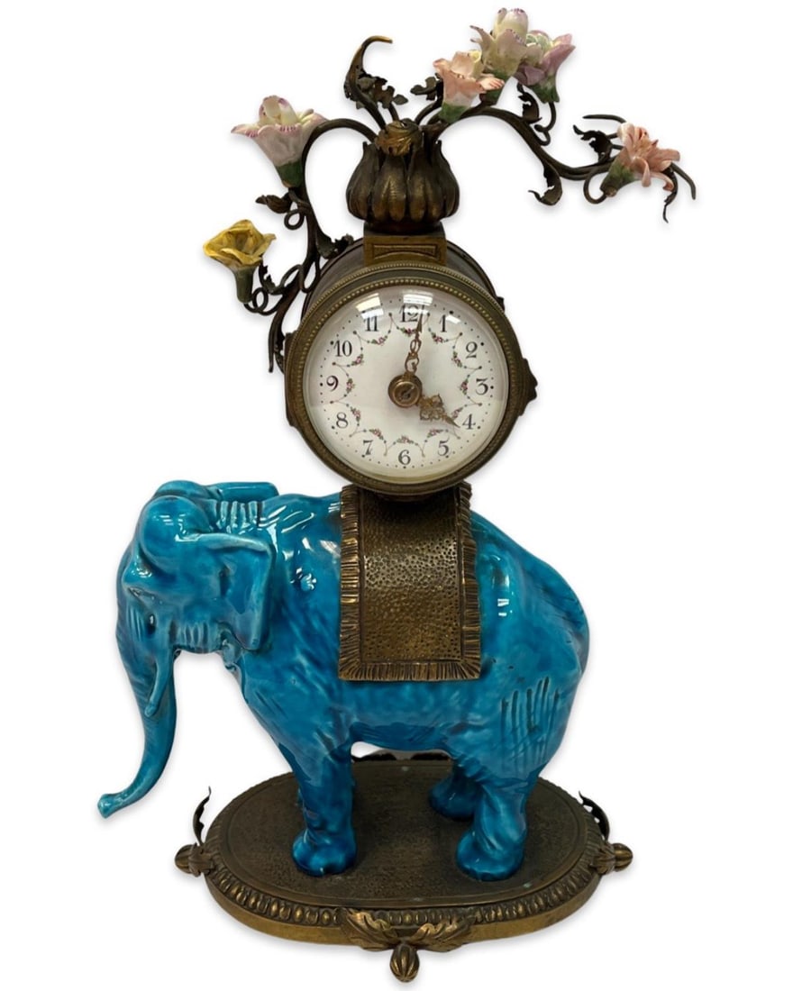 Antique French Bronze & Porcelain Elephant Clock Inset with Flowers (1 of 5)
