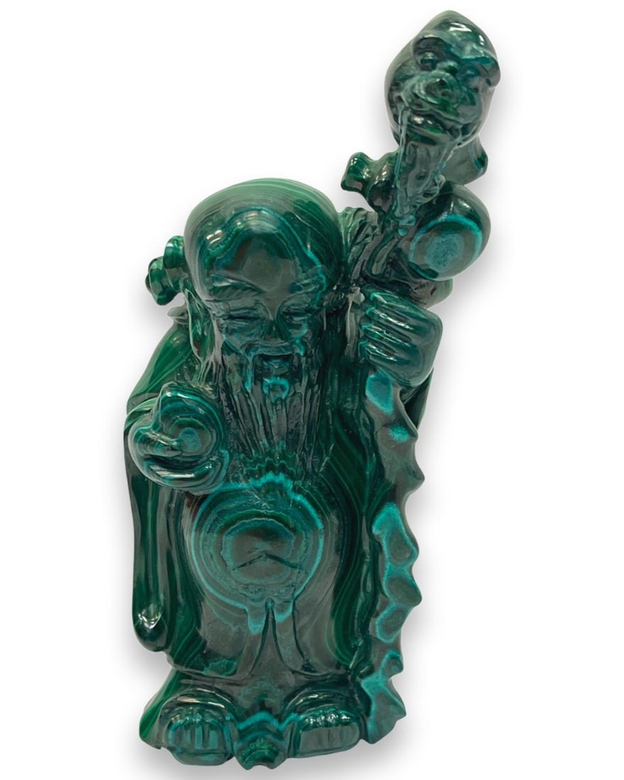 Chinese Carved Malachite Shou Lao Figure: Chinese Carved Malachite Shou Lao Figure measures H: 6". Shou Lao is the Chinese god of longevity