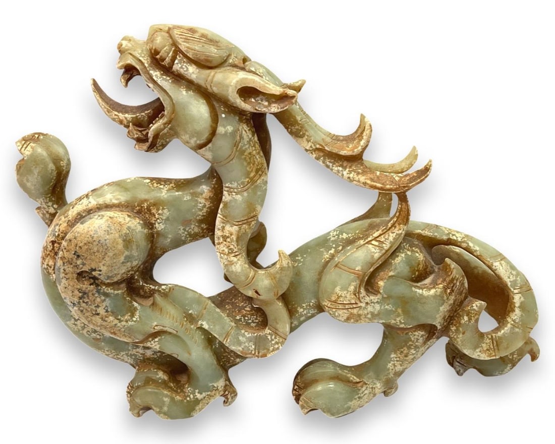 Chinese Carved Celadon Jade Dragon Statue (1 of 3)