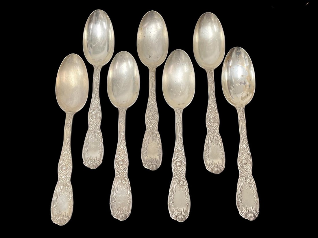 Lot of Seven Antique Tiffany & Co. Chrysanthemum Sterling Silver Oval Soup Spoons (1 of 4)