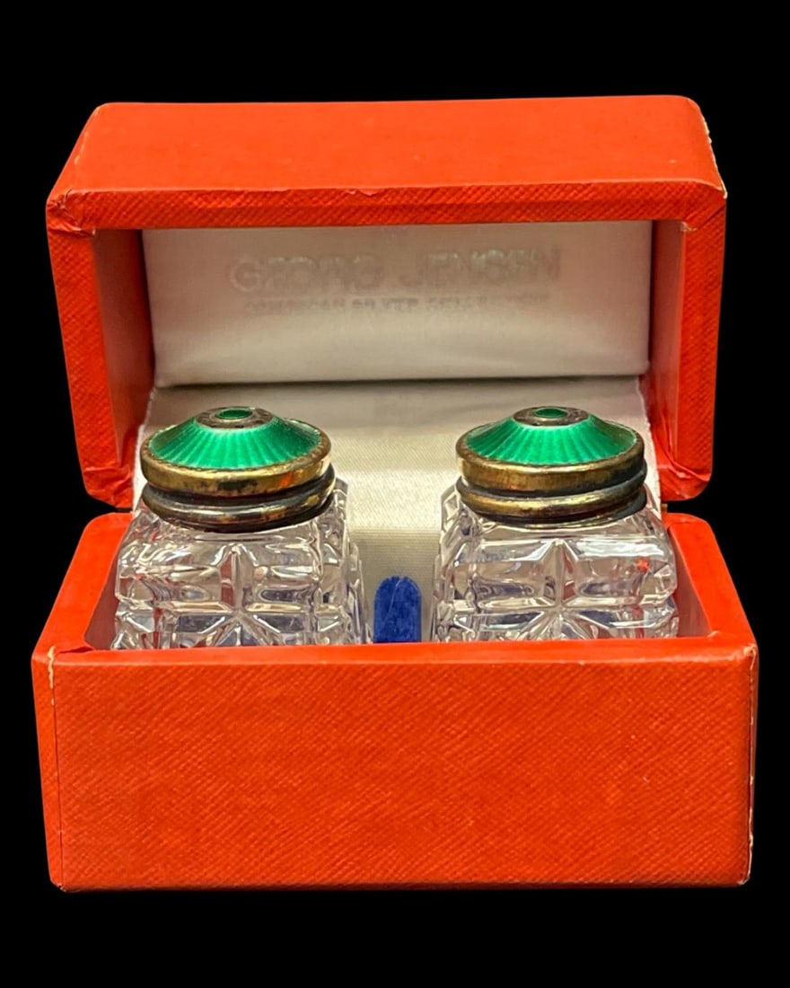 Georg Jensen Gold Wash Stering Silver & Crystal Salt Cellars in Original Case (1 of 2)