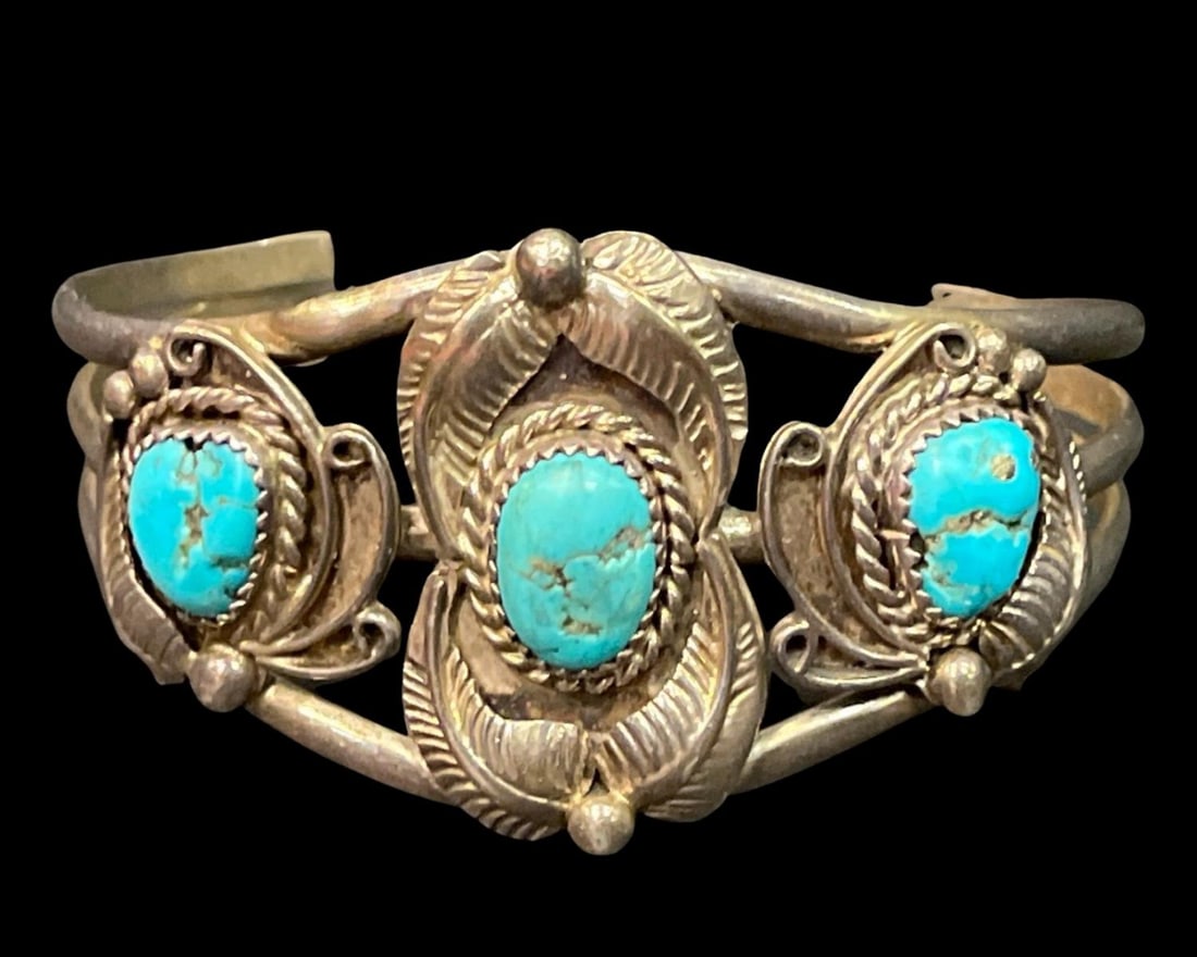 Antique Sterling Silver & Turquoise Bangle Bracelet (1 of 2)