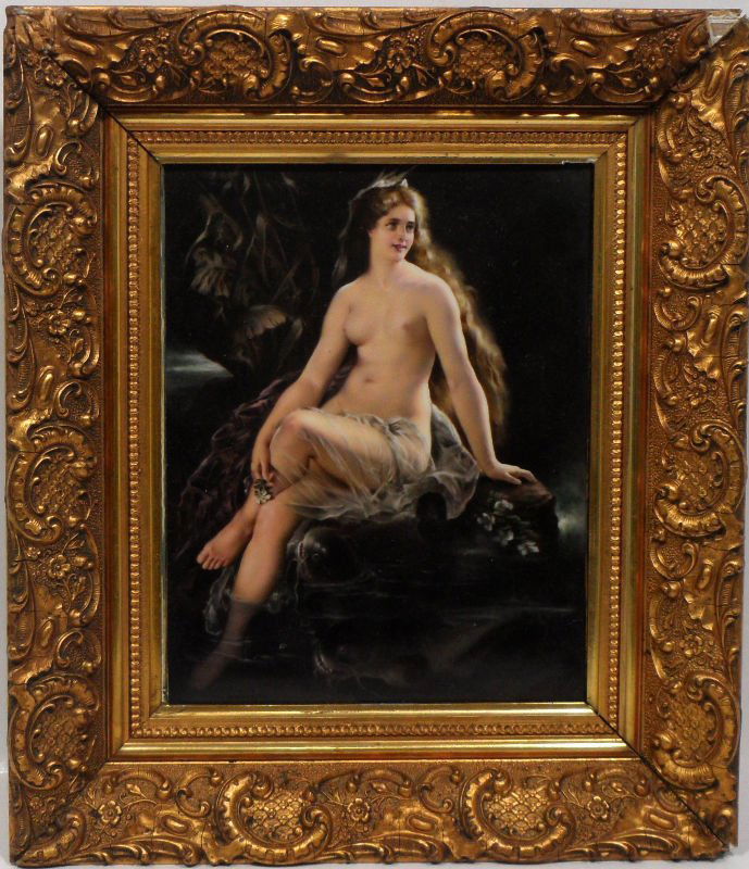 KPM Porcelain Plaque: KPM porcelain plaque of a semi nude young woman sitting on a rock set in giltwood frame. KPM mark on back, measures 10" x 7 1/2", 2 1/2' frame. For shipping and insurance quotes please call Ryan or Da