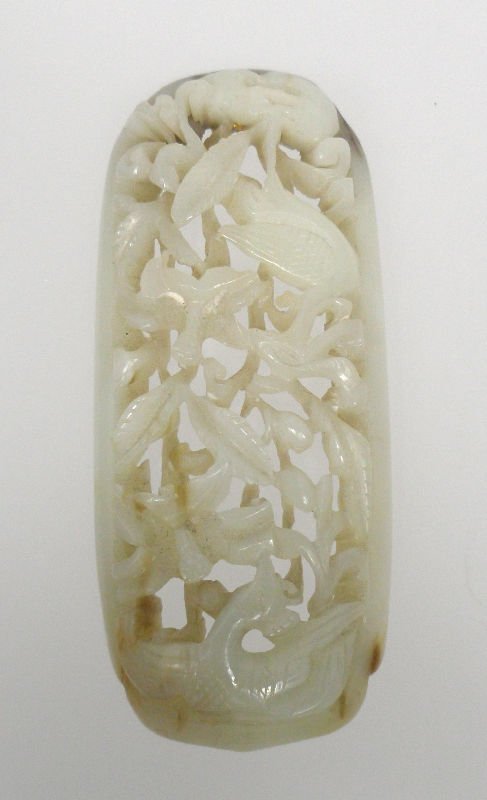 18th/19th Century White Jade Pendant: 18th/19th century white jade pendant of oval form with birds and foliage design. Measures 3 1/4" x 1 1/2". For shipping and insurance quotes please call Ryan or Dave at Eagle Shipping Center at 561-93
