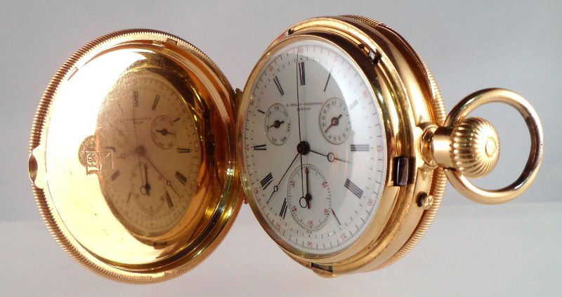 18 Kt YG A. Golay Leresche Chronometer: 18 kt yellow gold A. Golay Leresche chronometer pocket watch. Fully hallmarked and signed inside with 18 kt and Golnay Leresche, signature , stop time tab on side of watch. Measures 2" diameter, x 1/2