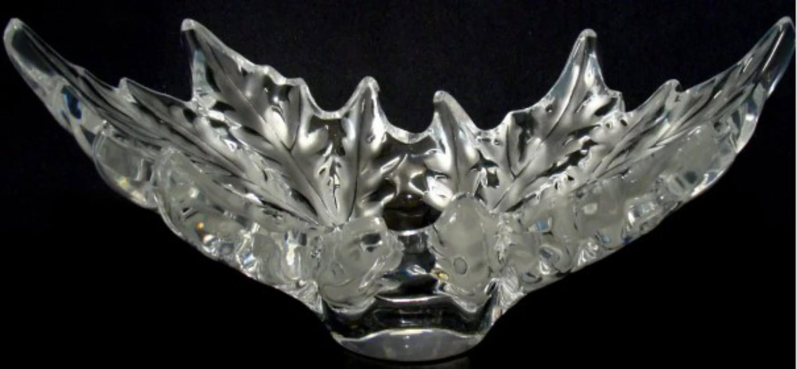 Lalique Crystal "Le Champs" Elyses Centerpiece: Lalique Crystal "Le Champs" Elyses Centerpiece. Leaf shape centerpiece, signed Lalique France. Measures - Height - 7 1/2", Width - 17 7/8"