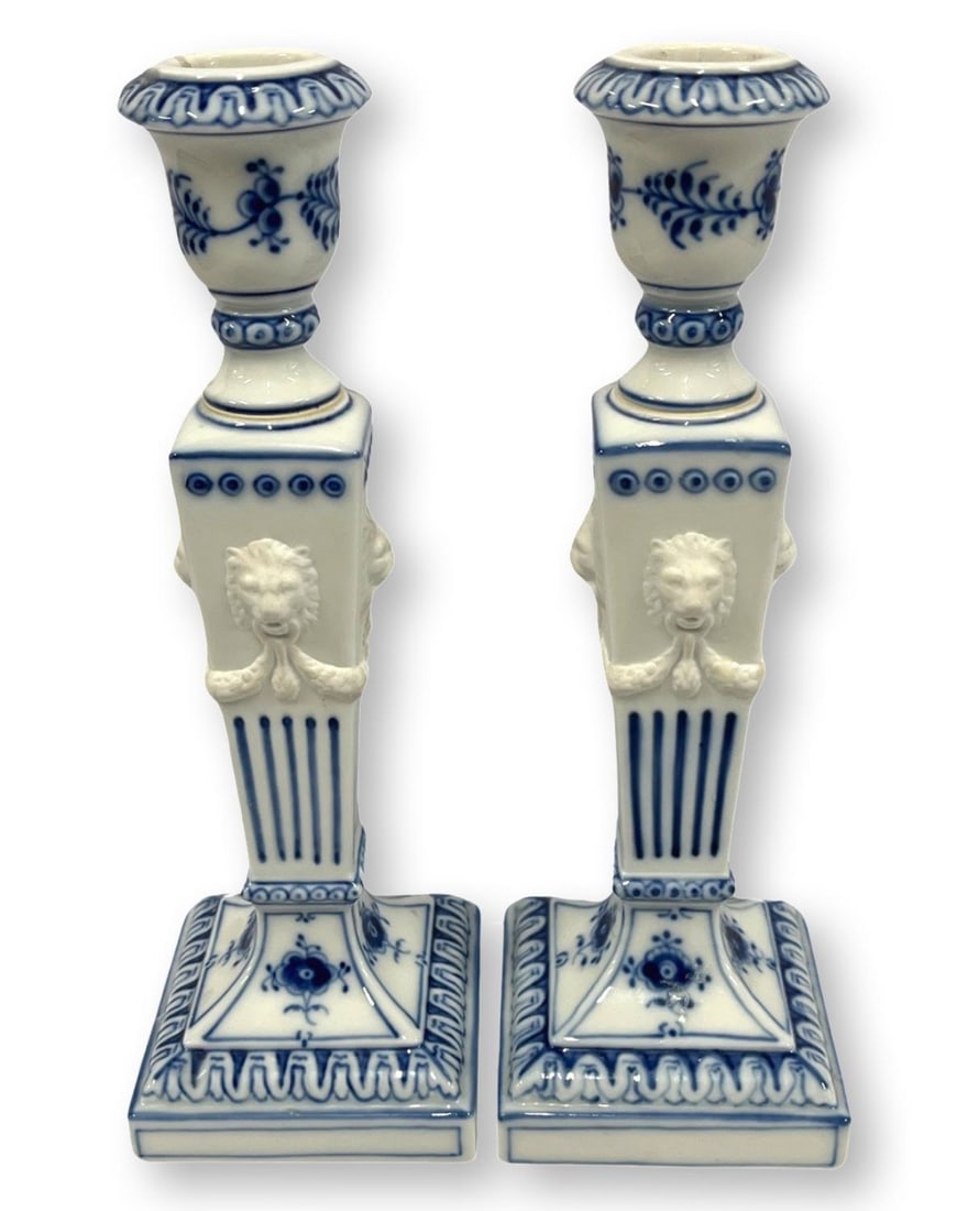 Pair of Royal Copenhagen Blue Fluted Candlesticks #15 with Lion Head Decoration (1 of 2)
