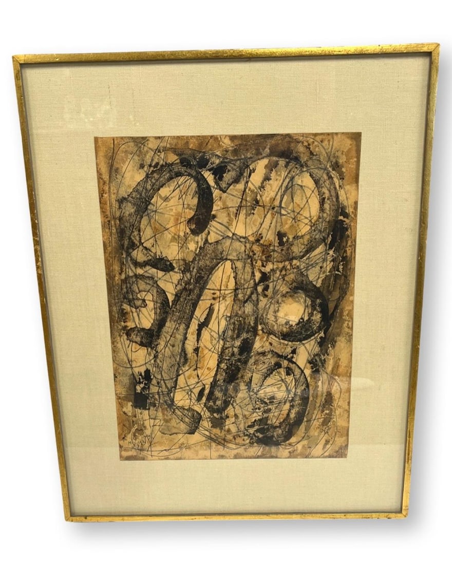 Signed Raul Milian (Cuban, 1914-1986) Mixed Media Abstract Painting: Signed Raul Milian (Cuban, 1914-1986) Mixed Media Abstract Painting. Signed and numbered 1954, measures H: 15" x W: 11", 3" frame & matte