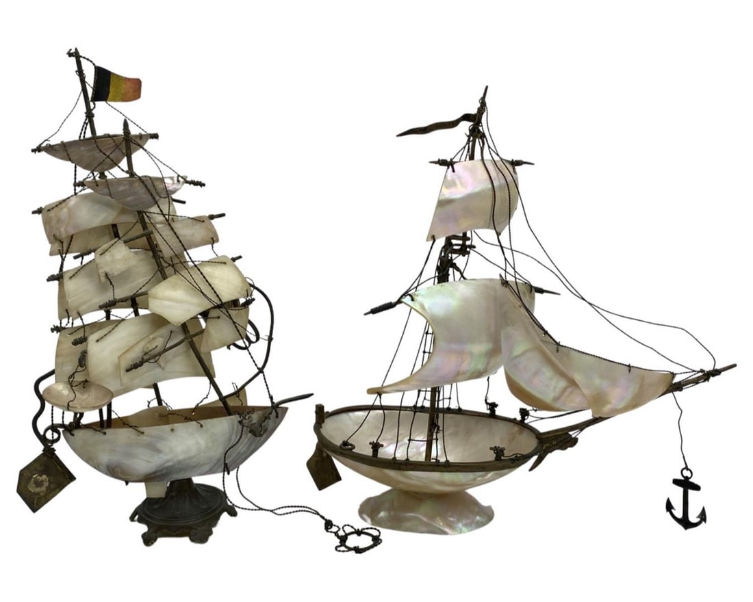 Pair of Victorian Mother of Pearl Shell Sail Boats: Pair of Victorian Mother of Pearl Shell Sail Boats. Largest measures H: 11"