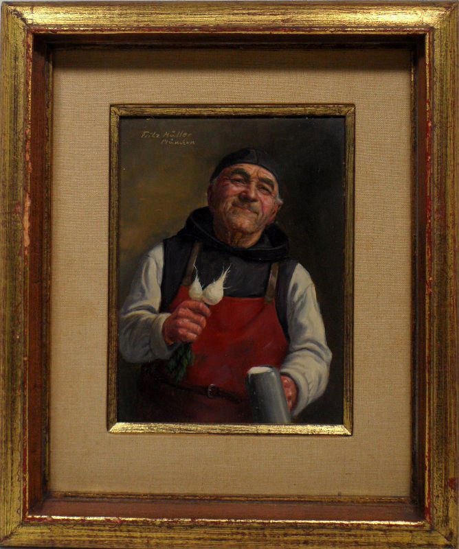 Fritz Muller Oil On Board, 19th Century: Fritz Muller German born American painter (1814 - ca. 1861), oil painting on board. Signed Fritz Muller and Munchen. Depicting a Bavarian man with a stein and vegetables. Measures 9" x 6 1/2". For shi