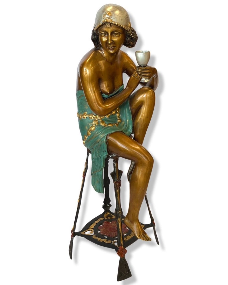 J.E. Mir Style Art Deco Polychromed Bronze Statue Champagne Lady (1 of 3)