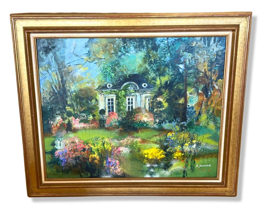 Signed Monique Journod (French b. 1935) Oil Painting on Canvas Landscape and House: Signed Monique Journod (French b. 1935) Oil Painting on Canvas Landscape and House. Signed lower right, measures H: 23" x W: 28", 4" frame