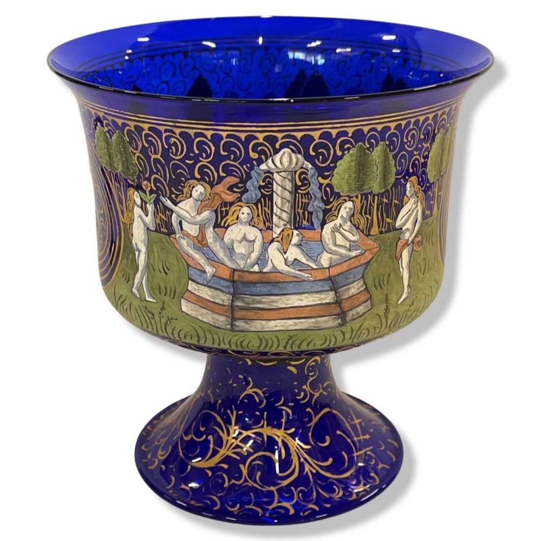 Barovier Murano Glass Wedding Cup Enameled & Gilt on Blue Body Depicting Two Portrait Medallions An: Barovier Murano Glass Wedding Cup Enameled & Gilt on Blue Body Depicting Two Portrait Medallions An Ellegorical Scene measures H: 6 3/4"