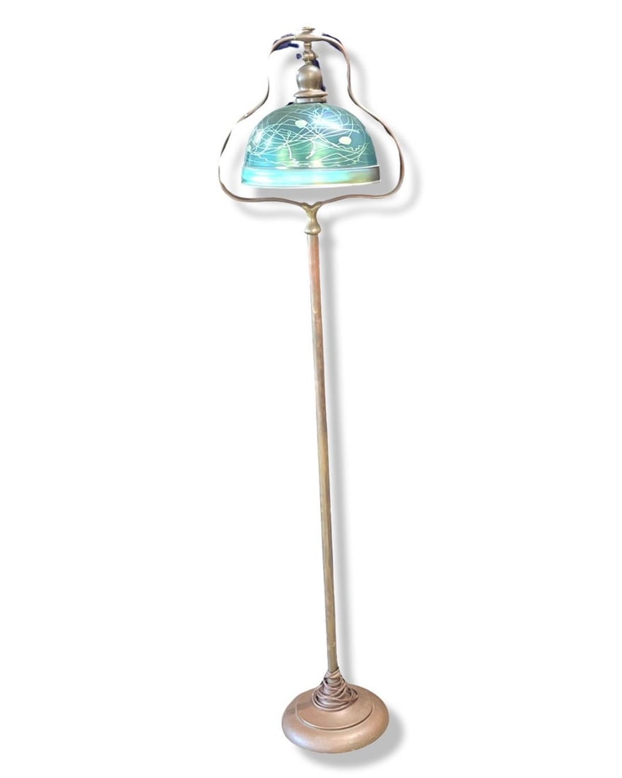 Handel & Steuben Glass Floor Lamp. Patinated Metal & Steuben Aurene Glass Lamp (1 of 3)