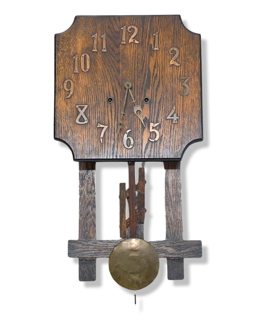 Mission Oak Wall Clock MFG by National Clock Company Chicago: Mission Oak Wall Clock MFG by National Clock Company Chicago with Brass Numerals & Hands measures 22" x 14"