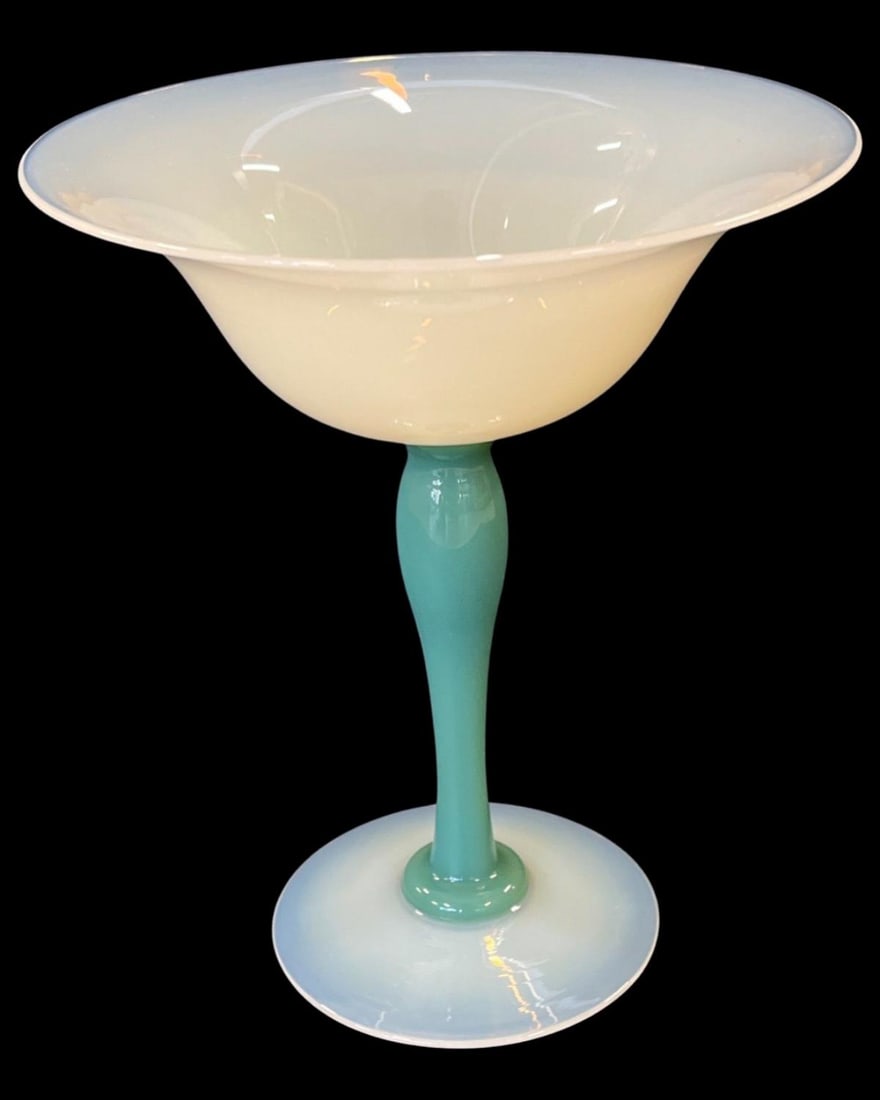 Fry Foval Art Glass Compote with Jade Stem: Fry Foval Art Glass Compote with Jade Stem measures H: 6 3/8"